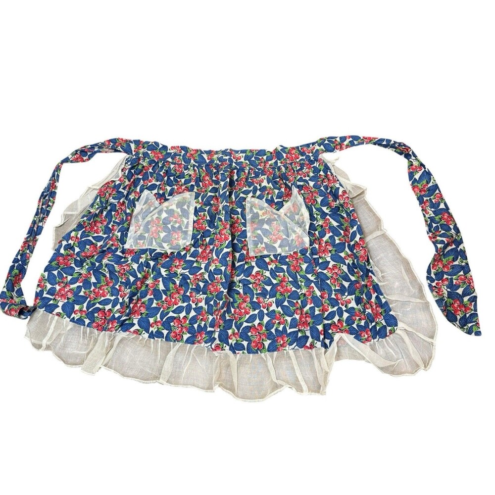 VTG 50s Red White Red Blue Cherries Lace Trim Half Apron Kitchen Cook Farmhouse